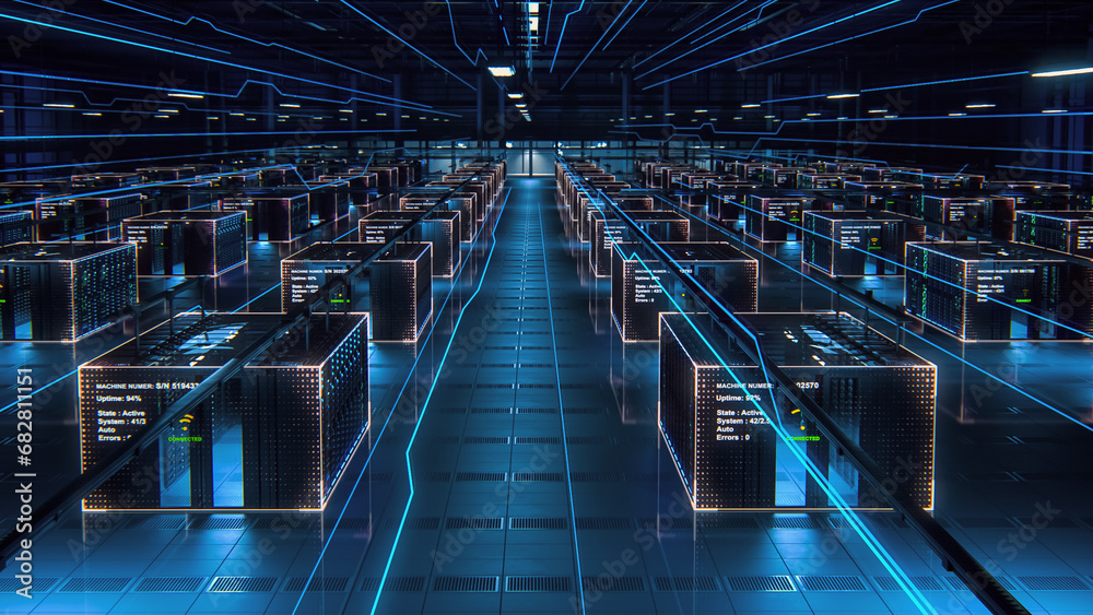 Poster Futuristic Data Center with Turned on 3D Inforgraphics. Augmented VFX Visualization on Server Farm Cloud Computing Facility. Internal System Working Properly in Modern Cyber Data Security Company.