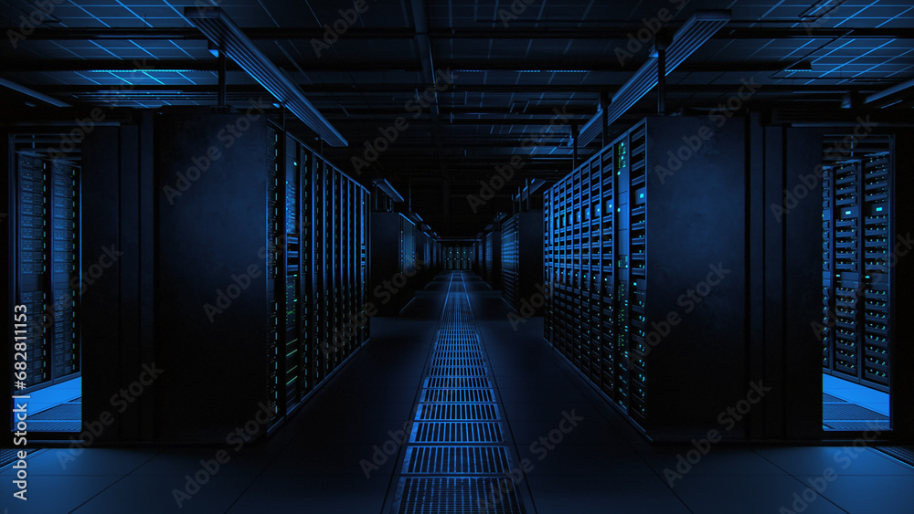 Poster Modern Data Technology Center Server Racks Working in Dark Facility. Concept of Internet of Things, Big Data Protection, Storage, Cryptocurrency Farm, Cloud Computing. 3D Mock Up of Warehouse.