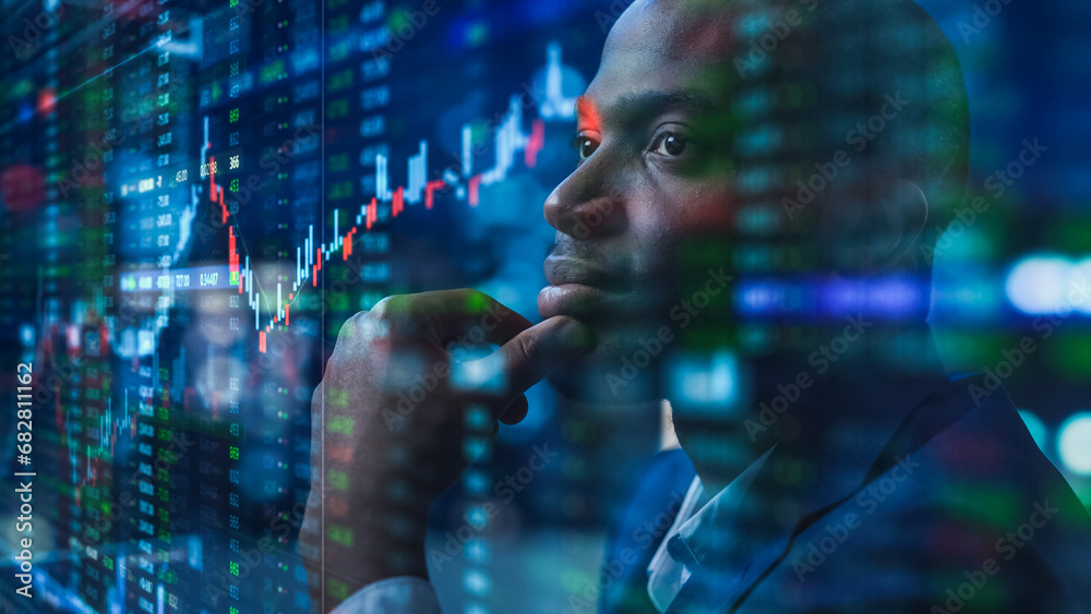 Poster portrait of black stock market trader doing analysis of investment charts, graphs, ticker numbers pr