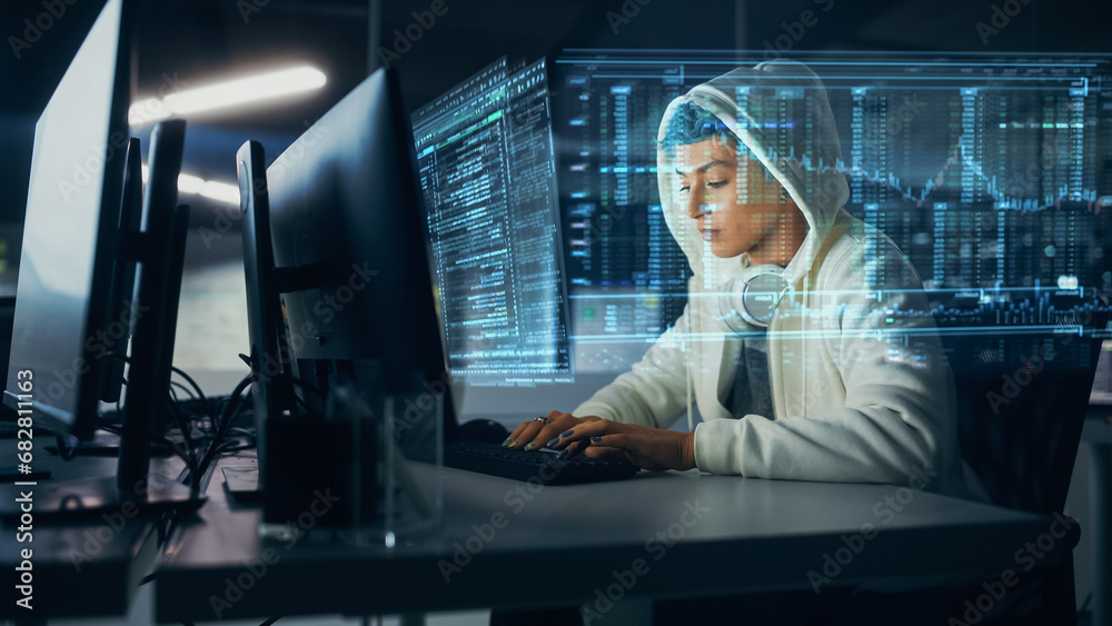 Leinwandbilder hologram screens: young female it specialist working on pc with holographic projection, multiple dis