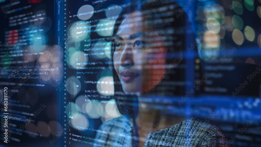 Poster Portrait of Asian Female Startup Digital Entrepreneur Working on Computer, Line of Code Projected on Her Face and Reflecting. Software Developer Working on e-Commerce AI App, Big Data Concept.