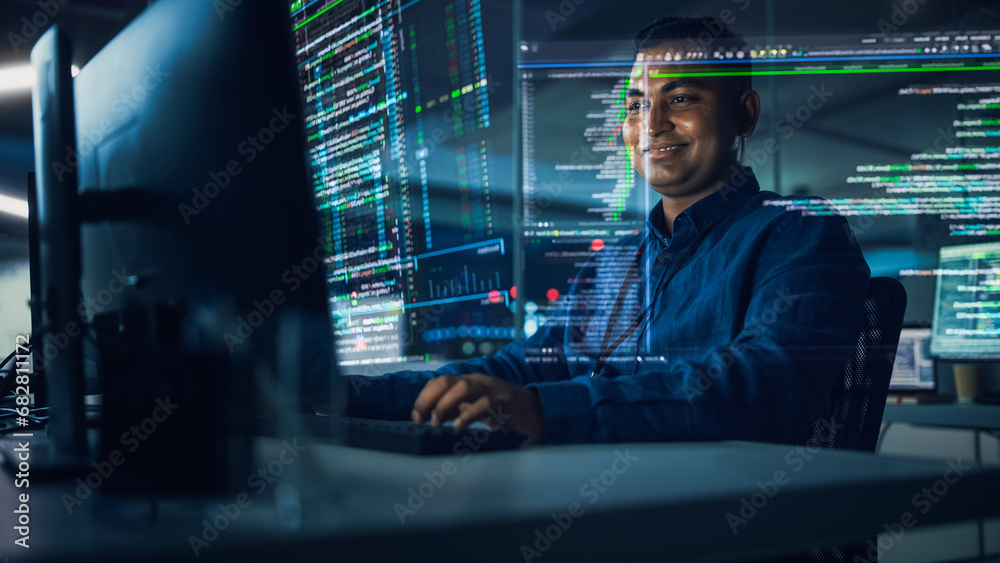 Aufkleber Futuristic Office with Hologram Screens: Professional Indian Programmer Working on Computer with Holographic Projection Showing Big Data, Charts. Asian Specialist Creating Innovative Software