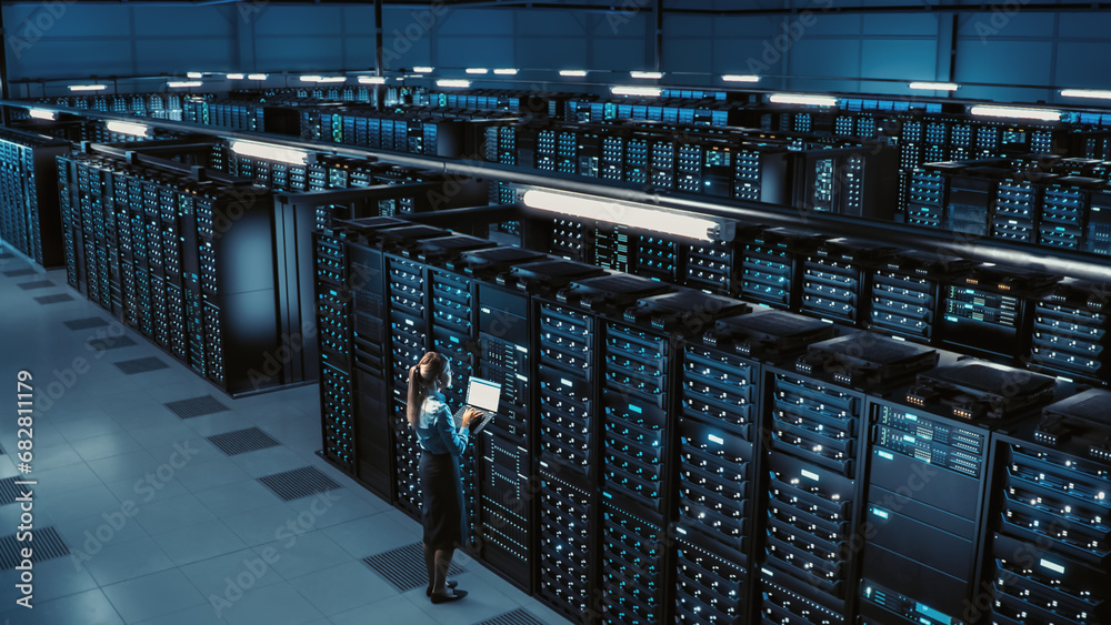 Aufkleber 3d computer graphics: big data center female chief technology officer using laptop standing in wareh