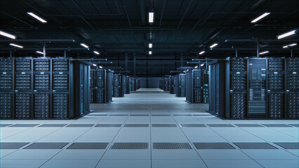 Modern Data Technology Center Server Racks Working in Well-Lighted Room. Concept of Internet of...