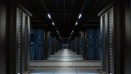 Modern Data Technology Center Server Racks Working in Well-Lighted Room. Concept of Internet of Things, Big Data Protection, Cryptocurrency Farm, Cloud Computing. 3D Shot of Mining Warehouse.