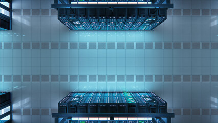 Modern Data Technology Center Server Racks Working in Well-Lighted Facility. Concept of Internet of...