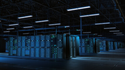Modern Data Technology Center Server Racks Working in Dark Facility. Concept of Internet of Things,...