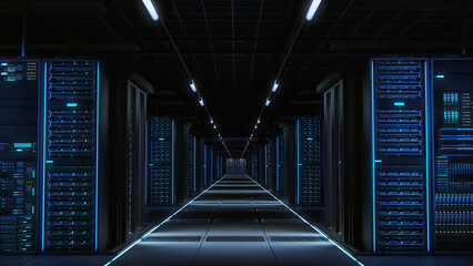 Modern Data Technology Center Server Racks Working in Dark Facility. Concept of Internet of Things,...