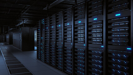 Modern Data Technology Center Server Racks Working in Dark Facility. Concept of Internet of Things,...