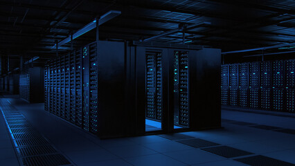 Modern Data Technology Center Server Racks Working in Dark Facility. Concept of Internet of Things,...