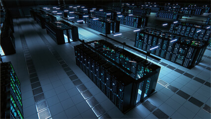 Data Technology Center Server Racks Working in Dark Facility. Concept of Internet of Things, Big...
