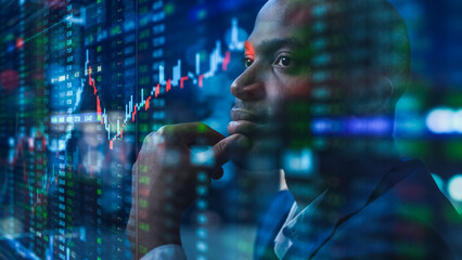 Portrait of Black Stock Market Trader Doing Analysis of Investment Charts, Graphs, Ticker Numbers Projected on Face. African American Financial Analyst, Digital Entrepreneur Successfully Trading - obrazy, fototapety, plakaty