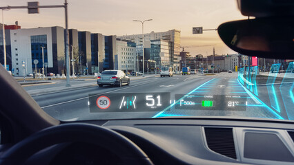 Futuristic Autonomous Self-Driving Car Moving Through City, Head-up Display HUD Showing Infographics: Speed, Distance, Navigation. Road Scanning. View From Driver Seat / First Person View FPV.
