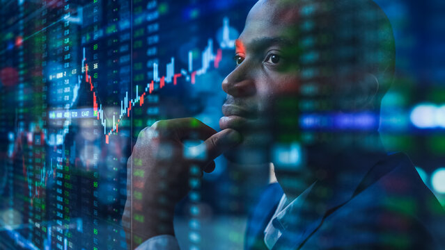 Portrait of Black Stock Market Trader Doing Analysis of Investment Charts, Graphs, Ticker Numbers Projected on Face. African American Financial Analyst, Digital Entrepreneur Successfully Trading