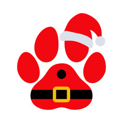 Tiempo de Navidad. Logo pet friendly. Silueta de zarpa de perro o gato con traje y sombrero de Santa Claus para su uso en tarjetas y felicitaciones