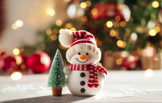 little snowman and Christmas tree on the snow with Christmas decoration and lightning in the winter. Winter holiday background. snowman with  hat and scarf. snowy landscape in the forest 4K loop