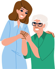 health geriatric care senior patient vector. old woman, giver medical, disease elderly health geriatric care senior patient character. people flat cartoon illustration