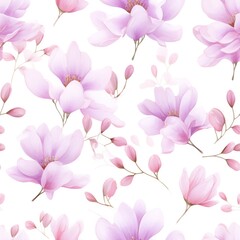 Floral Elegance: Seamless Watercolor Purple and Pink Flowers with Grey Leaves