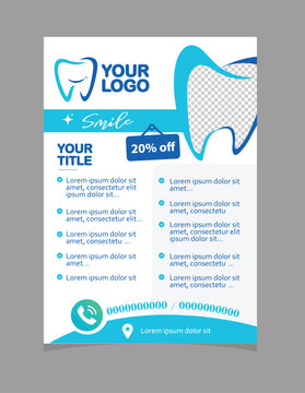 Dental clinic advertising Flyer, poster vector template. high quality dental clinic services and discount icons, contact and location text and image combination advertising. 