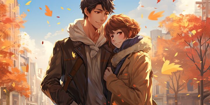 couple in love walking through an autumn park on a sunny day, poster, anime