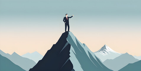 Smart businessman professional for success invest business standing on top of mountain