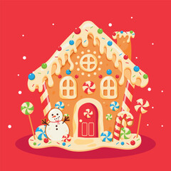 Gingerbread house, cookie christmas tree card. Baked  Gingerbread christmas candy cookies decorative food for winter celebration time vector stylized funny house. Cute vector illustration with snowman