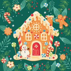 Cute vector illustration with snowman.Gingerbread house, cookie christmas tree card. Gingerbread baked christmas candy cookies decorative food for winter celebration time vector stylized funny house. 