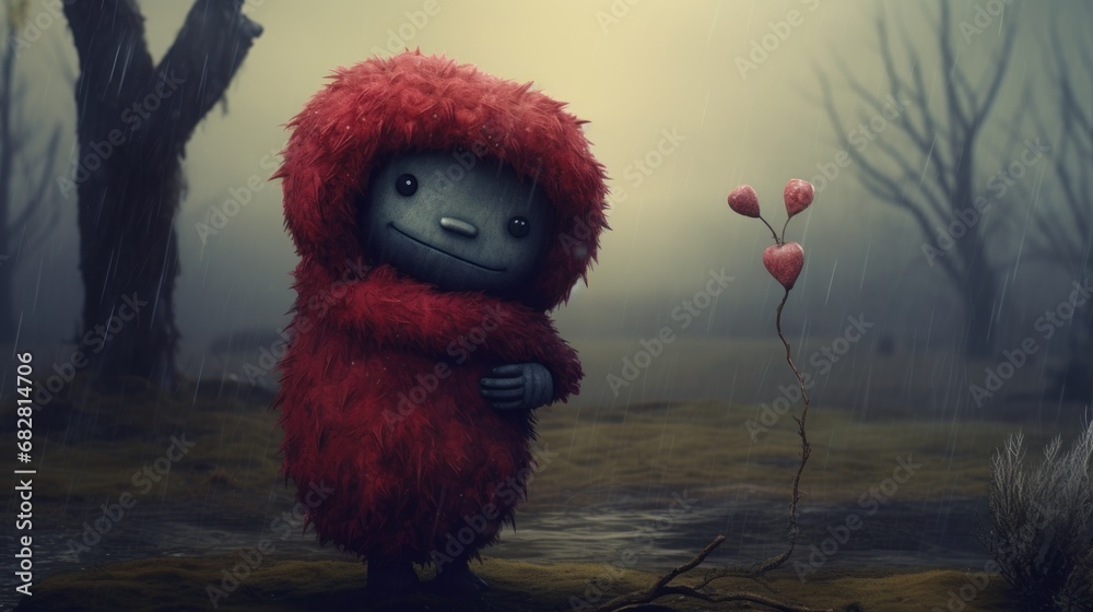 Wall mural red hedgehog in the fog, showing hugs, gloomy atmosphere, Lets Hug, banner, copy space