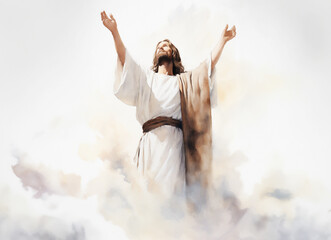 Jesus Christ the Lord with his arms raised to the sky - Abstract illustration with brush strokes and canvas texture - White Background - Resurrection Concept Art 