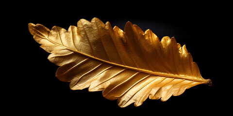 A Leaf Sits On Top Of A Wooden Table Background, Watercolor Leaves With Gold Decoration ,A gold leaf on a black background ,One oak leaf painted gold color generative ai
