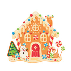 Gingerbread house isolated on white background. Gingerbread house, cookie christmas tree card. Gingerbread baked christmas candy cookies decorative food for winter celebration time vector stylized