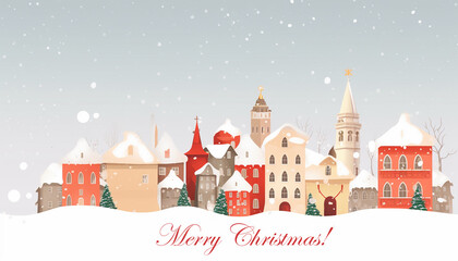 Fototapeta premium Stylish Christmas greeting card. Merry Christmas. City houses in snow.
