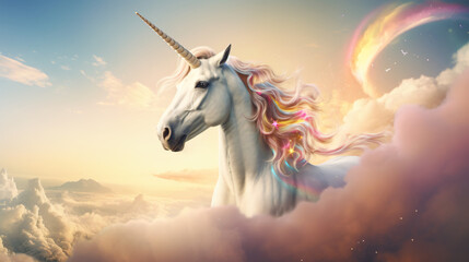 Magic unicorn in beautiful sky with rainbow and fluffy