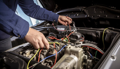An auto electrician understands the electrical wiring of a car under the hood.