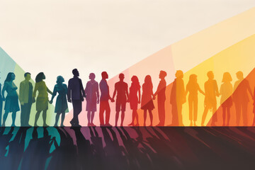 Diverse Human Chain Silhouettes in Rainbow Colors