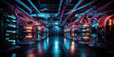 A complex set of wires and cables converge in data center where server process and transmit data around the world. Data infrastructure storage.by Generative AI. - obrazy, fototapety, plakaty