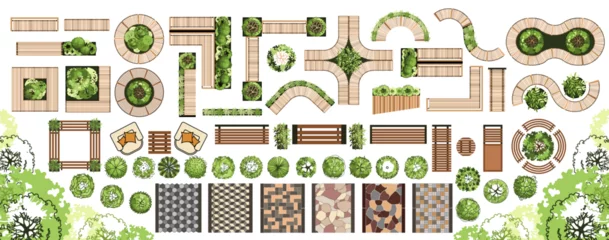 Rolgordijnen Top view elements for the landscape design plan. Trees and benches for architectural floor plans. Maze garden. Various trees, bushes, and shrubs. Vector illustration. © Аня Марюхно
