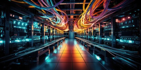 Fototapeta na wymiar A complex set of wires and cables converge in data center where server process and transmit data around the world. Data infrastructure storage.by Generative AI.