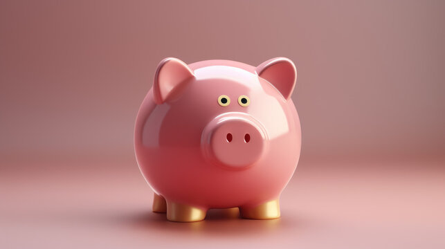 A single pink piggy bank money box filled with a stack of gold coins, rendered in 3D with a simple, one-color background. saving concept