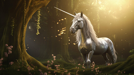 Majestic Unicorn posing in an enchanted forest