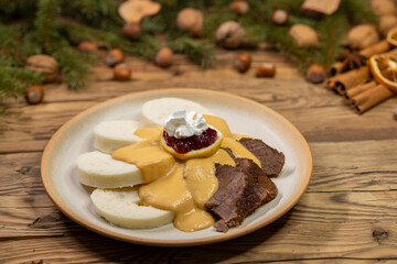 typical Czech meal called svickova at Christmas time
