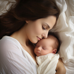 Fototapeta na wymiar newborn baby sleeping with mother on white background