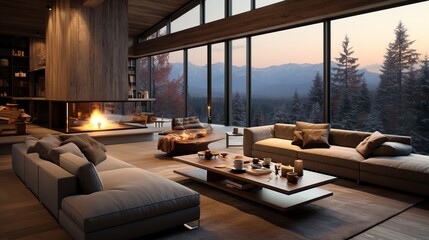 Interior of modern spacious living room in luxury mountain chalet. Comfortable cushioned furniture, coffee table, fireplace. Wood trim, large panoramic windows. Contemporary interior design. - obrazy, fototapety, plakaty