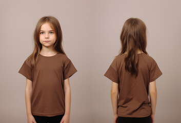 Front and back views of a little girl wearing a brown T-shirt