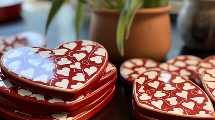 A close-up of heart-shaped ceramic coasters on a side table.