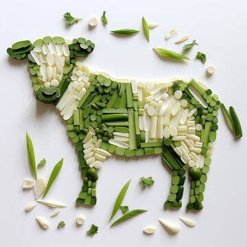 uma vaca com feij&atilde;o vegetal, mozaik, arte minimalista, realista, fundo branco

