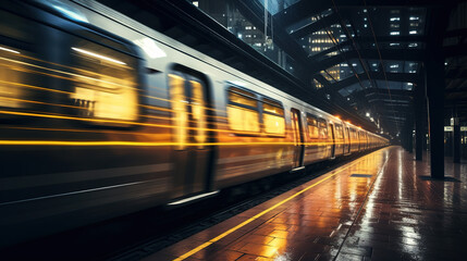 Fototapeta na wymiar Train in motion on the platform of a subway station at night