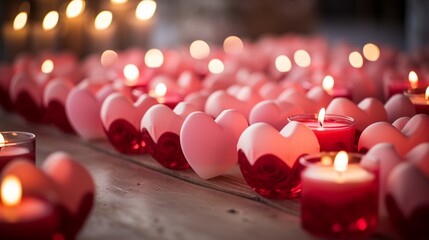 A close-up of heart-shaped candles of varying heights creating a romantic atmosphere. - obrazy, fototapety, plakaty