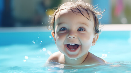 Fototapeta na wymiar The little boy smiled happily and had fun playing in the pool.
