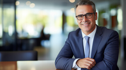 Middle aged male business executive smiling in office wearing glasses